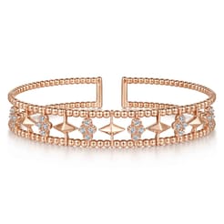 14K Rose Gold Bujukan Diamond Cluster and Gold Pyramid Cuff Bangle