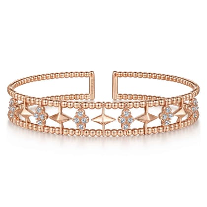 14K Rose Gold Bujukan Diamond Cluster and Gold Pyramid Cuff Bangle