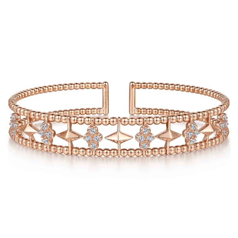 14K Rose Gold Bujukan Diamond Cluster and Gold Pyramid Cuff Bangle - 0.57 ct - Shot 1