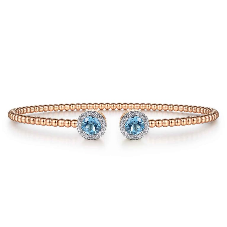 14K Rose Gold Bujukan Diamond Halo and Blue Topaz Bangle - 0.16 ct - Shot 1