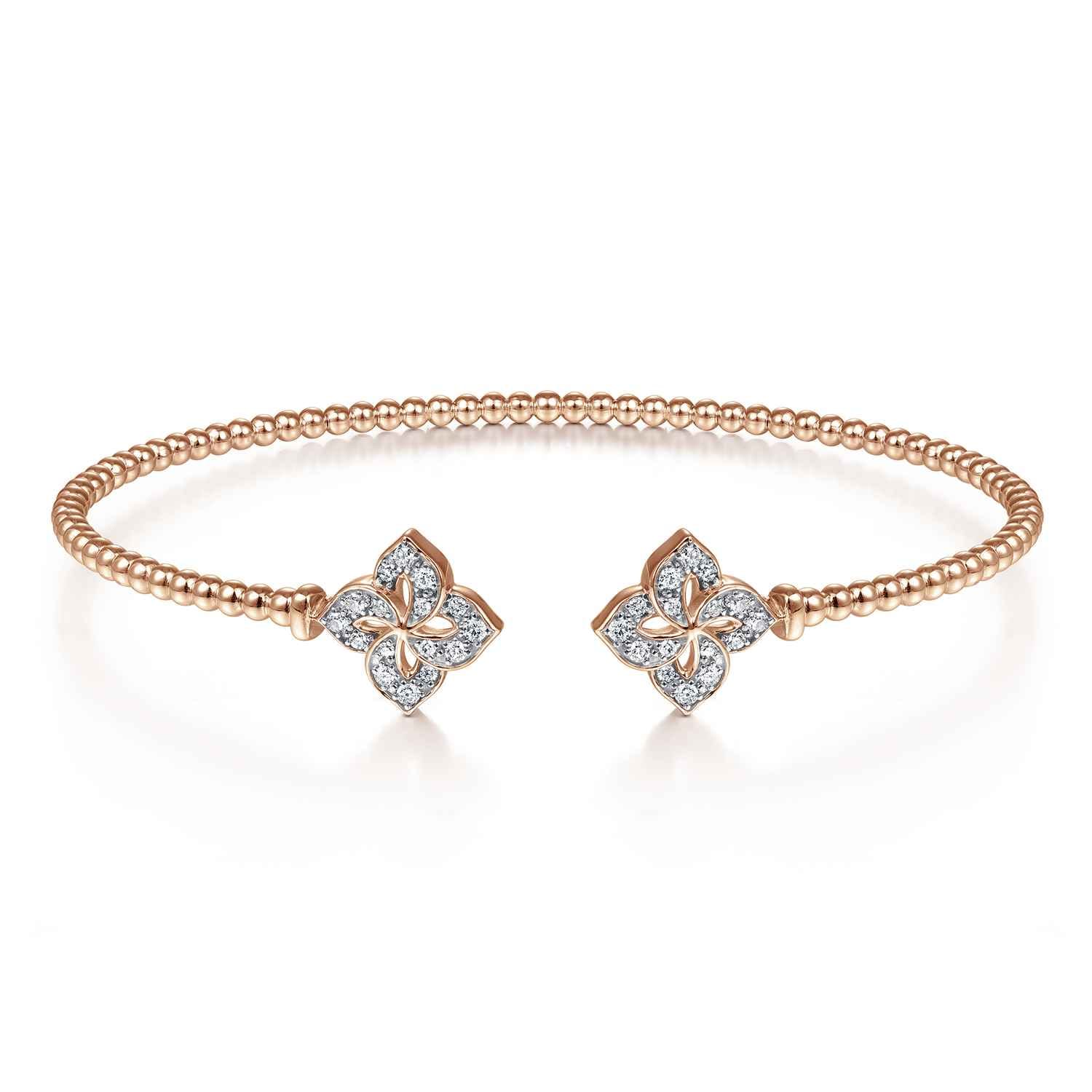 14K Rose Gold Bujukan Split Cuff Bracelet with Diamond Flower Caps - 0.21 ct - Shot 1