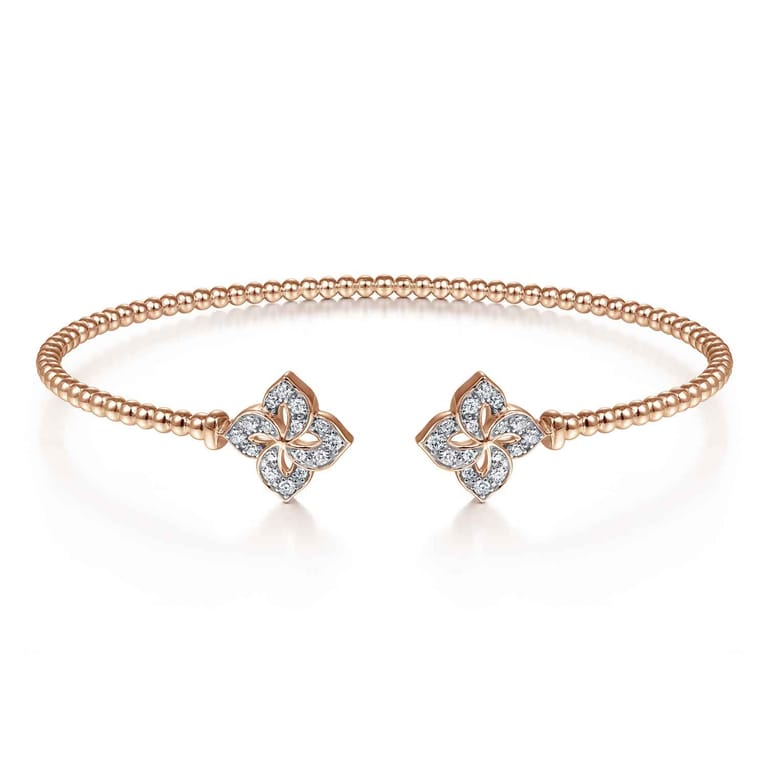 14K Rose Gold Bujukan Split Cuff Bracelet with Diamond Flower Caps - 0.21 ct - Shot 1