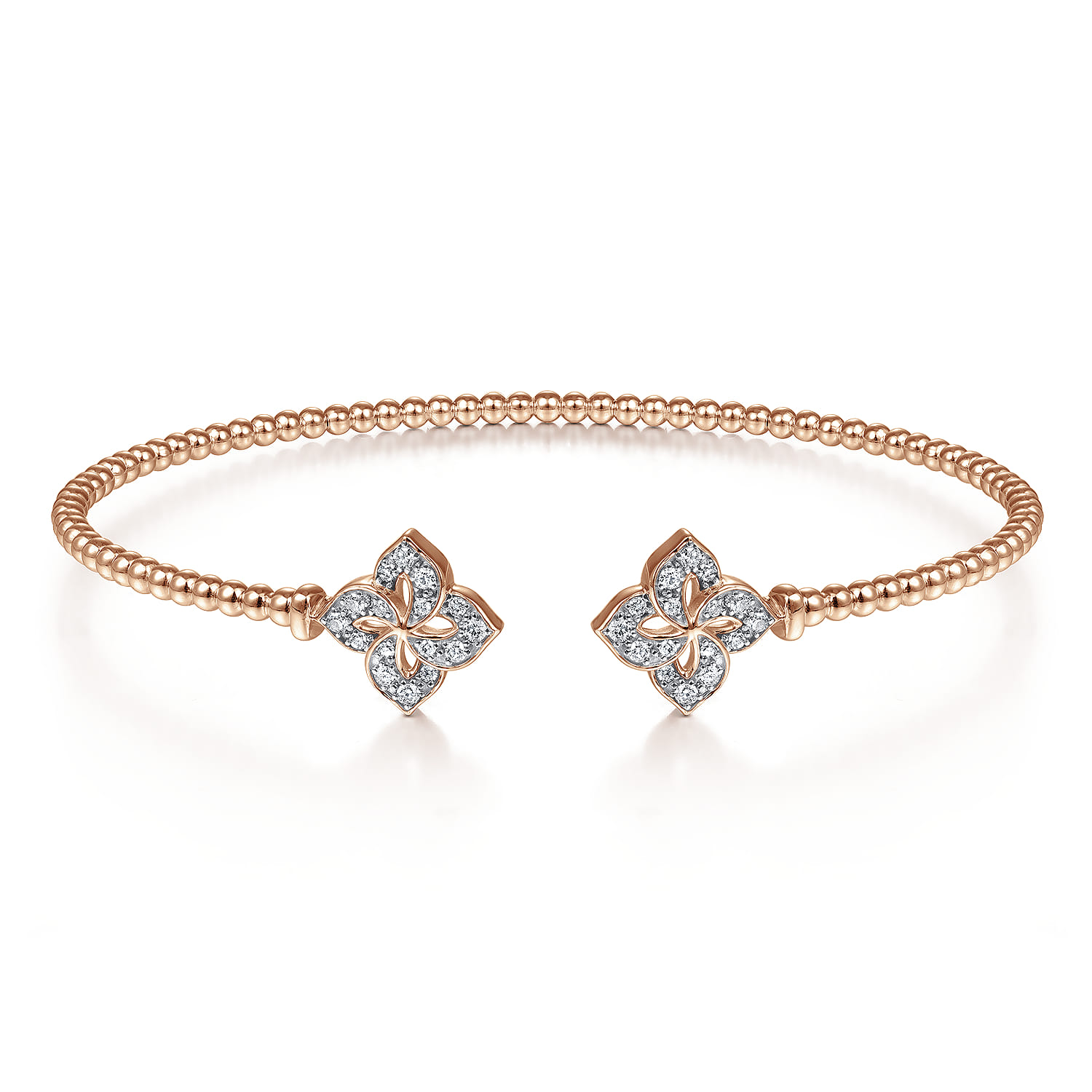 14K Rose Gold Bujukan Split Cuff Bracelet with Diamond Flower Caps - 0.23 ct - Shot 1