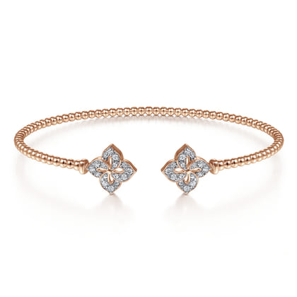 14K Rose Gold Bujukan Split Cuff Bracelet with Diamond Flower Caps
