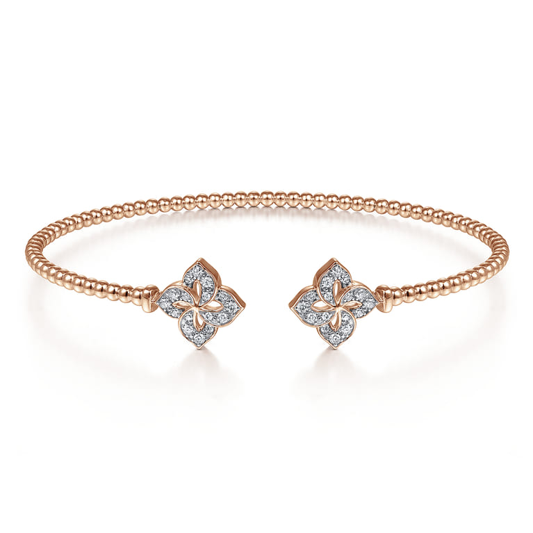 14K Rose Gold Bujukan Split Cuff Bracelet with Diamond Flower Caps - 0.23 ct - Shot 1