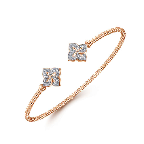 14K Rose Gold Bujukan Split Cuff Bracelet with Diamond Flower Caps - 0.23 ct - Shot 2