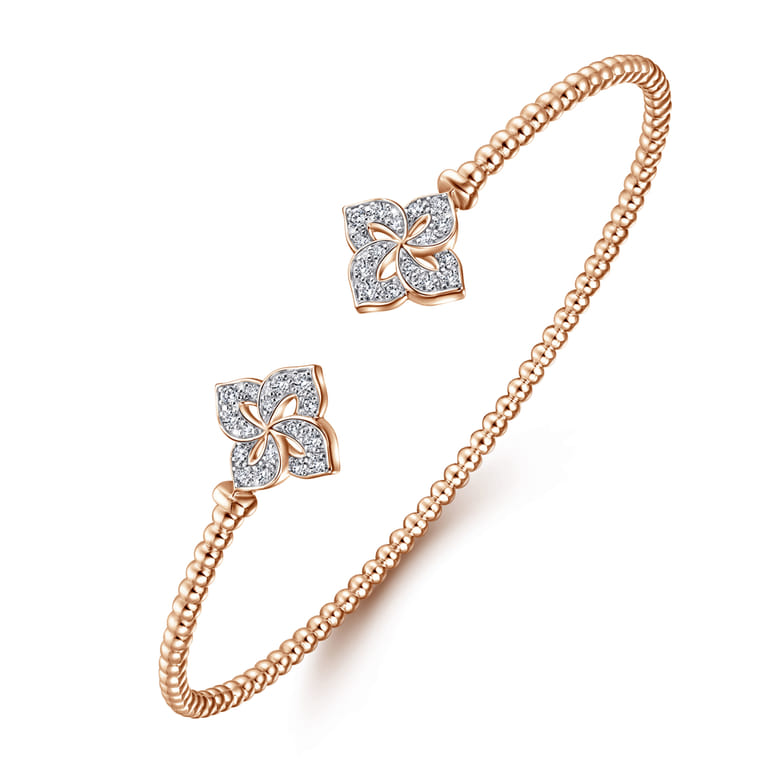 14K Rose Gold Bujukan Split Cuff Bracelet with Diamond Flower Caps - 0.23 ct - Shot 2
