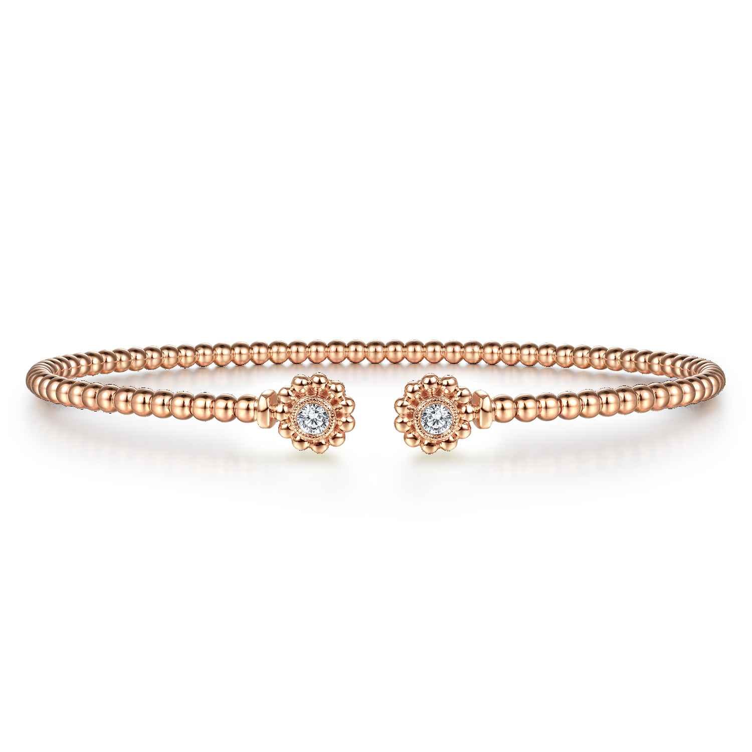 14K Rose Gold Bujukan Split Cuff Bracelet with Diamond Flower Caps - 0.09 ct - Shot 1