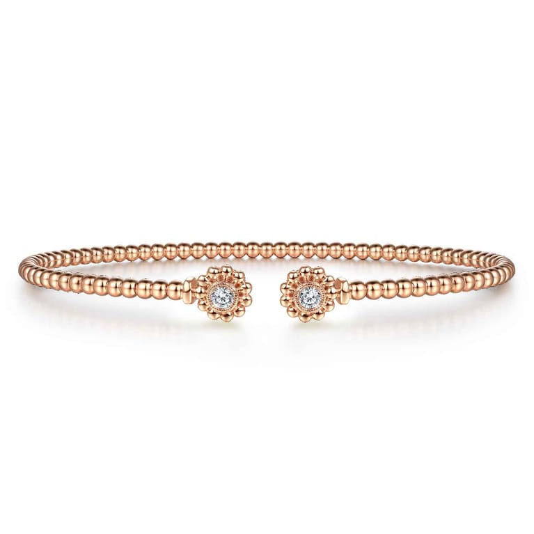 14K Rose Gold Bujukan Split Cuff Bracelet with Diamond Flower Caps - 0.09 ct - Shot 1