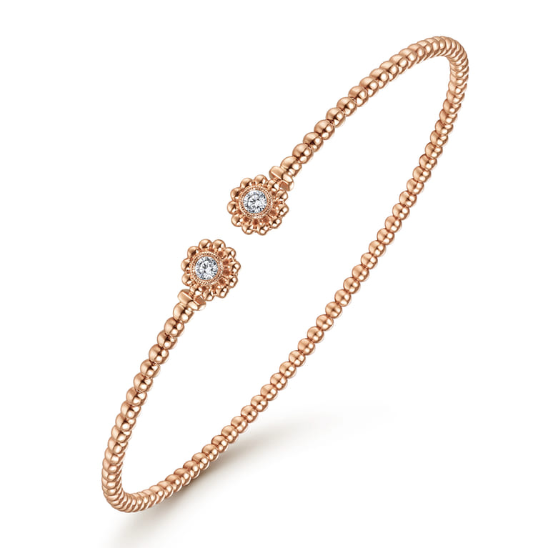 14K Rose Gold Bujukan Split Cuff Bracelet with Diamond Flower Caps - 0.09 ct - Shot 2