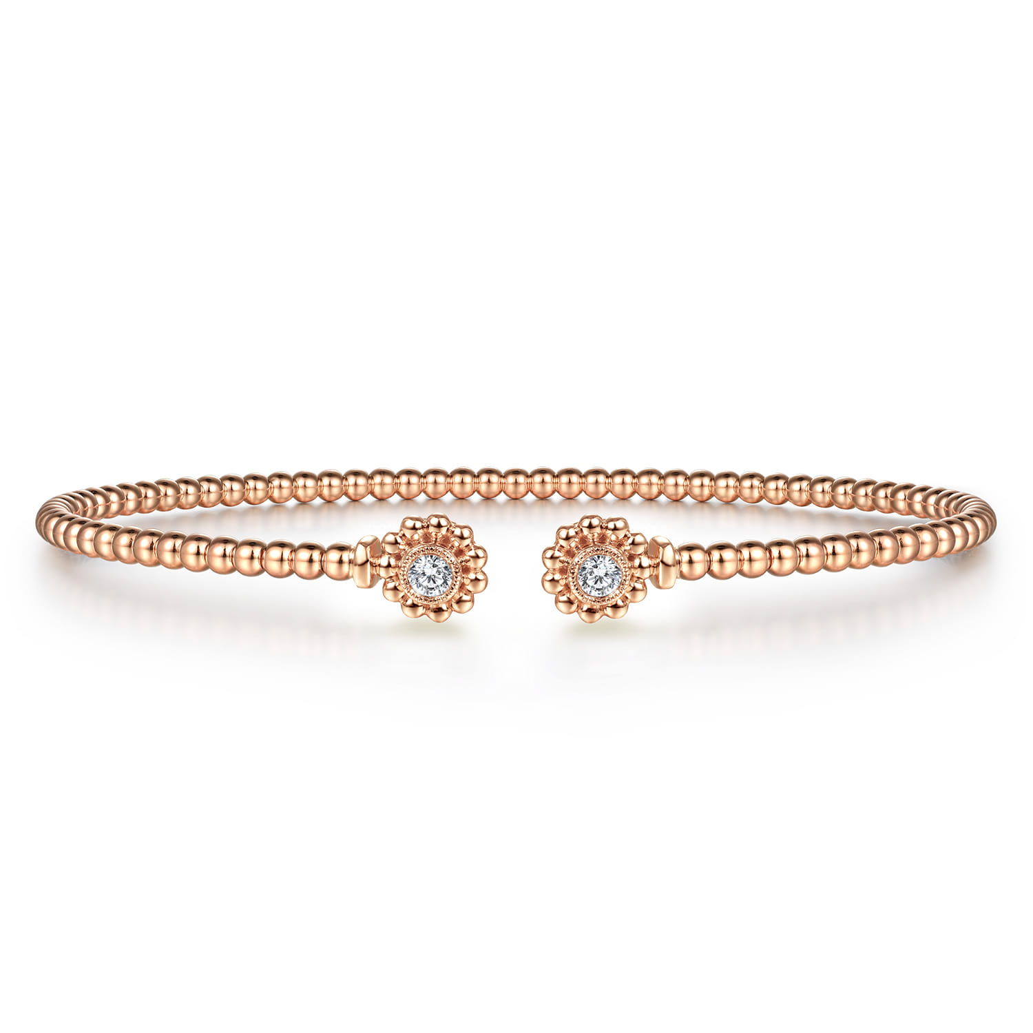 14K Rose Gold Bujukan Split Cuff Bracelet with Diamond Flower Caps - 0.09 ct - Shot 1