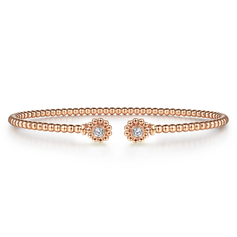 14K Rose Gold Bujukan Split Cuff Bracelet with Diamond Flower Caps - 0.09 ct - Shot 1