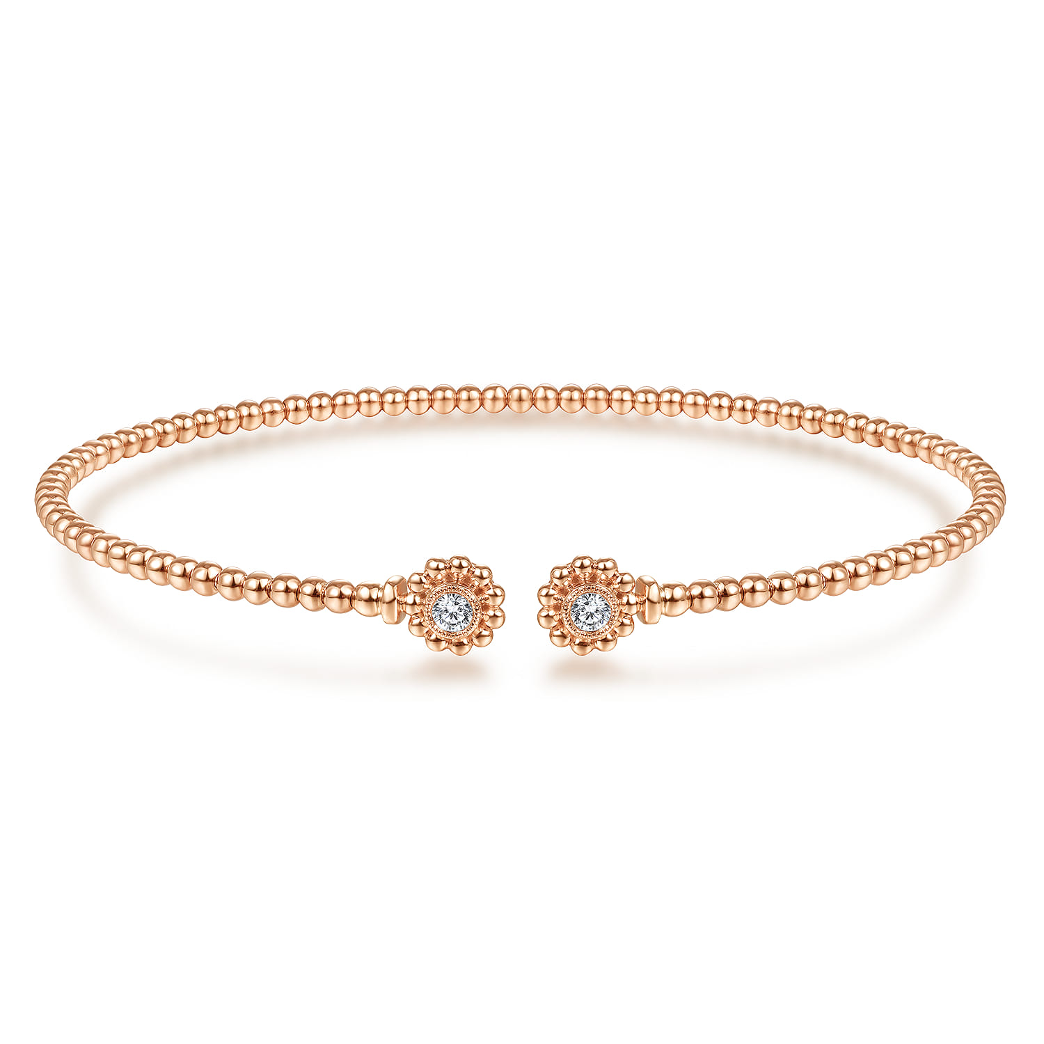 14K Rose Gold Bujukan Split Cuff Bracelet with Diamond Flower Caps - 0.09 ct - Shot 1