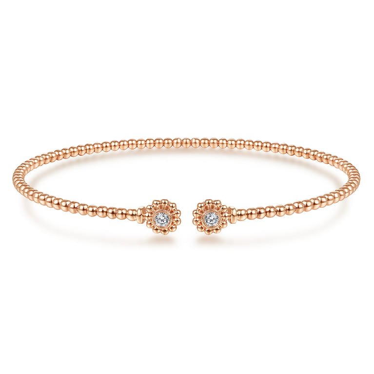 14K Rose Gold Bujukan Split Cuff Bracelet with Diamond Flower Caps - 0.09 ct - Shot 1