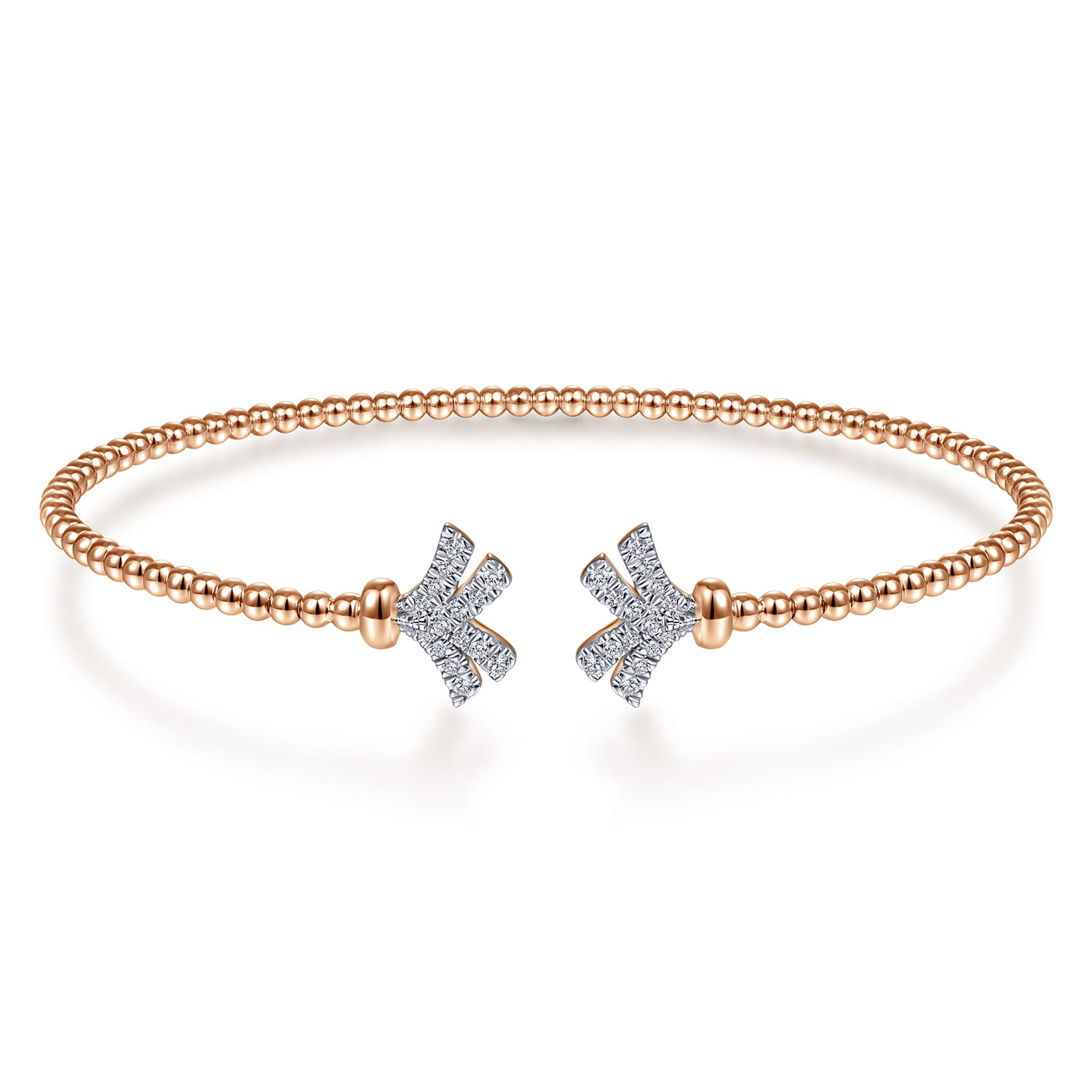 14K Rose Gold Bujukan Split Cuff Bracelet with Diamond Pave Fan Caps - 0.18 ct - Shot 1
