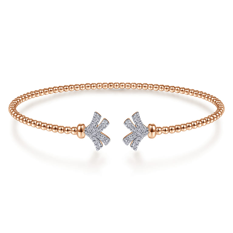 14K Rose Gold Bujukan Split Cuff Bracelet with Diamond Pave Fan Caps - 0.18 ct - Shot 1