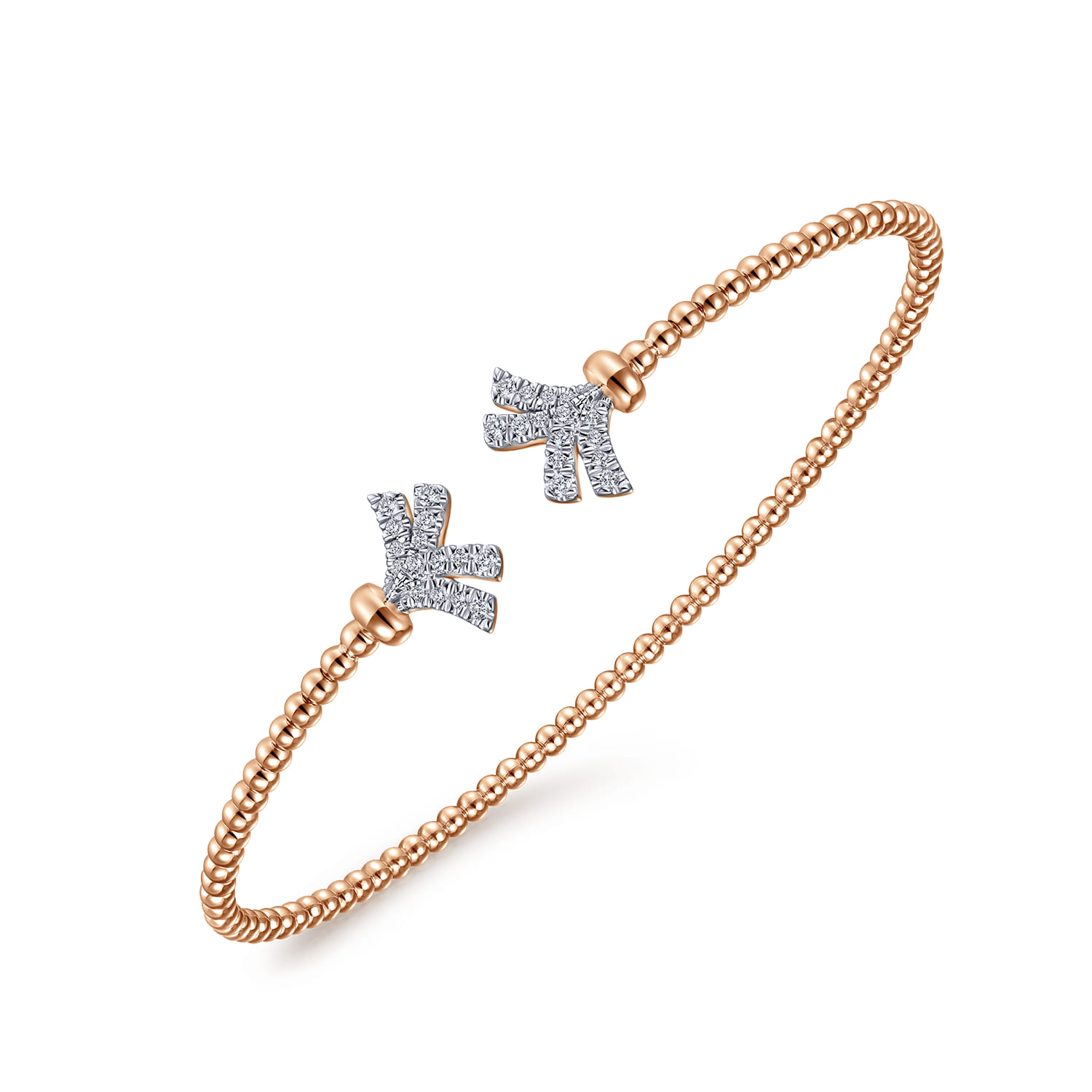 14K Rose Gold Bujukan Split Cuff Bracelet with Diamond Pave Fan Caps - 0.18 ct - Shot 2