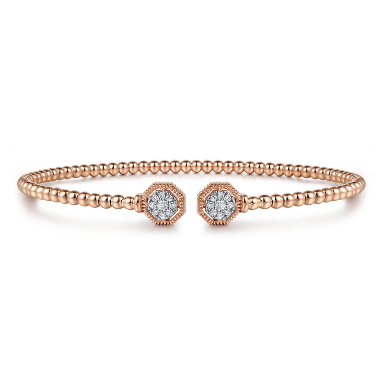 14K Rose Gold Bujukan Split Cuff Bracelet with Diamond Pave Hexagon Caps - 0.11 ct - Shot 1