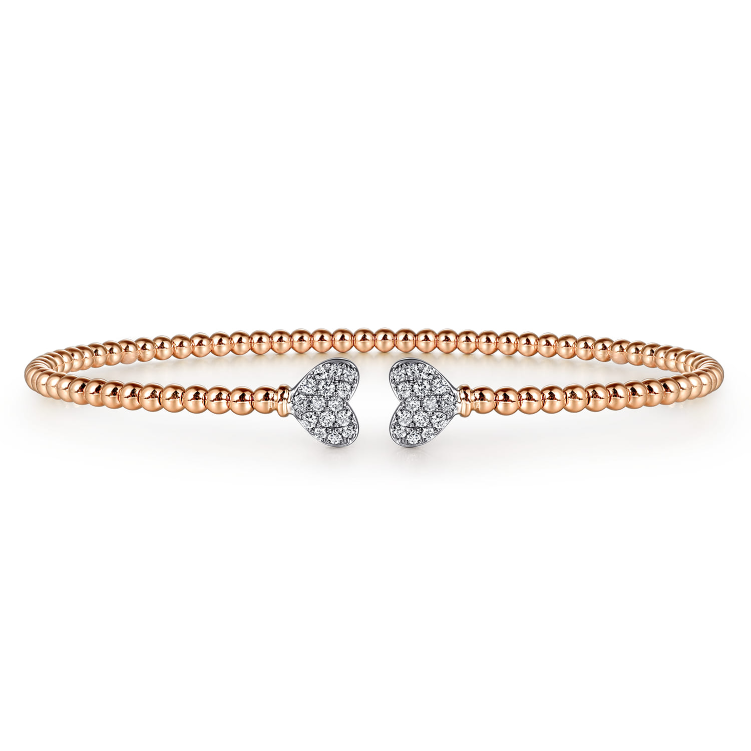 14K Rose Gold Bujukan Split Cuff Bracelet with White Gold Pave Diamond Hearts - 0.19 ct - Shot 1