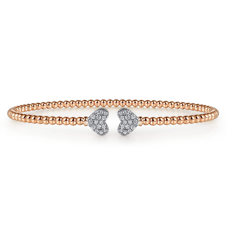 14K Rose Gold Bujukan Split Cuff Bracelet with White Gold Pave Diamond Hearts - 0.19 ct - Shot 1