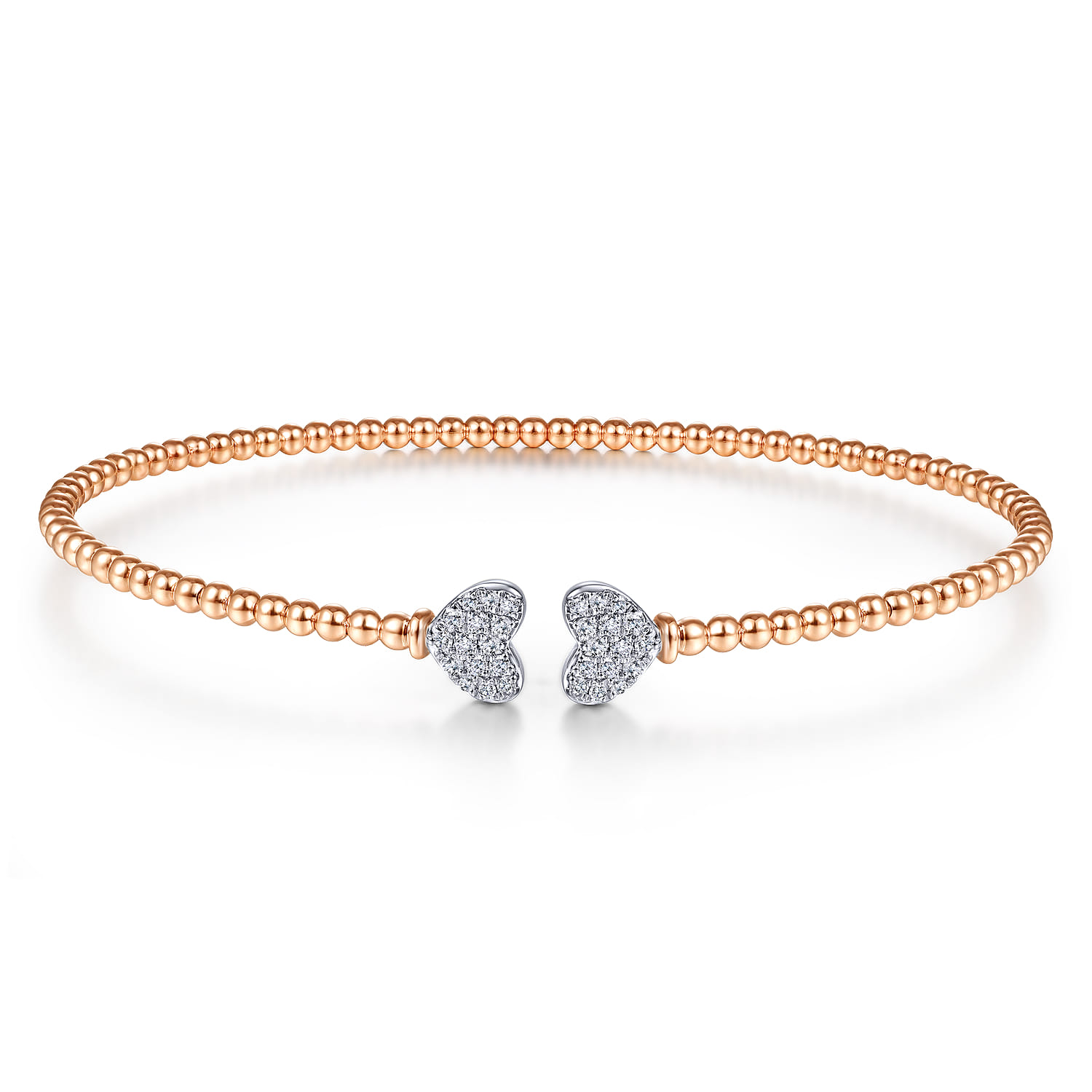 14K Rose Gold Bujukan Split Cuff Bracelet with White Gold Pave Diamond Hearts - 0.19 ct - Shot 1