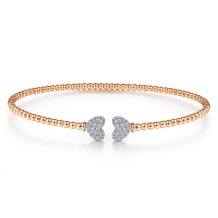 14K Rose Gold Bujukan Split Cuff Bracelet with White Gold Pave Diamond Hearts - 0.19 ct - Shot 1