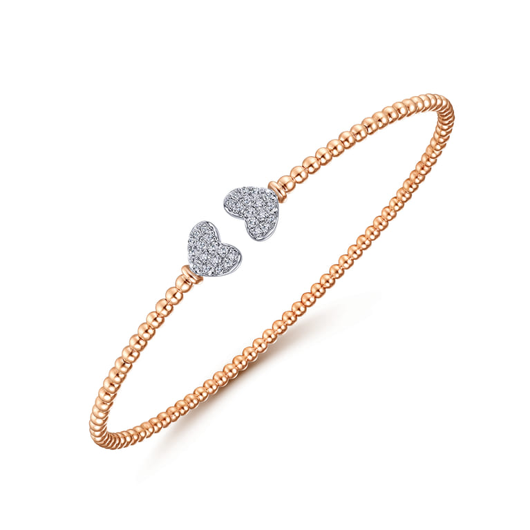 14K Rose Gold Bujukan Split Cuff Bracelet with White Gold Pave Diamond Hearts - 0.19 ct - Shot 2