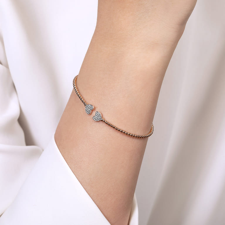 14K Rose Gold Bujukan Split Cuff Bracelet with White Gold Pave Diamond Hearts - 0.19 ct - Shot 4