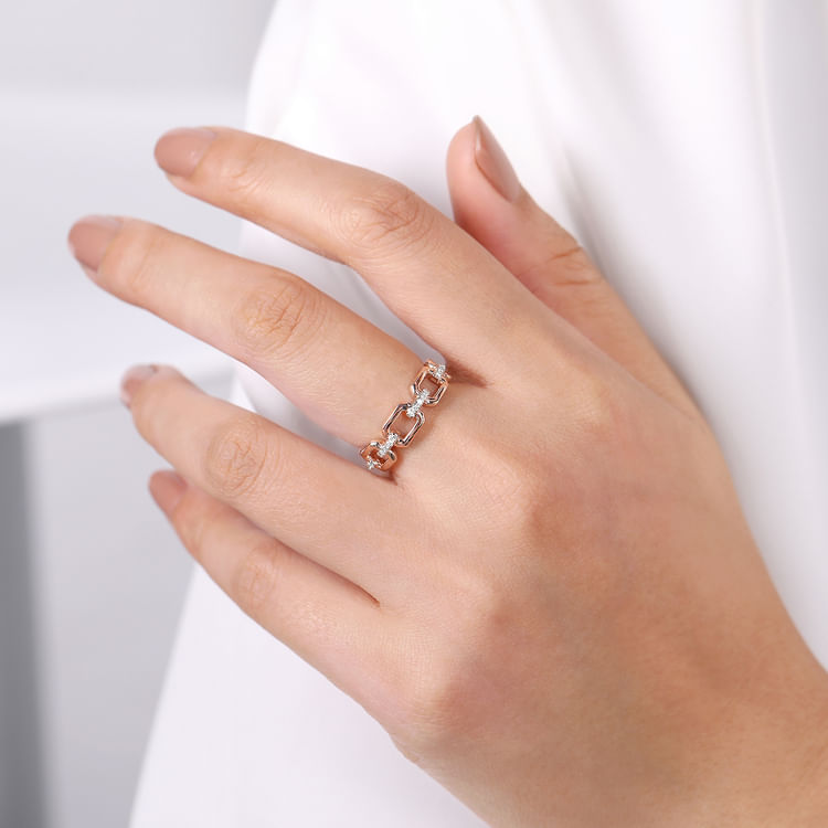 14K Rose Gold Chain Link Ring Band with Diamond Connectors