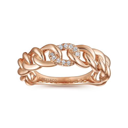 14K Rose Gold Chain Link Ring Band with Pave Diamond Station - 0.05 ct - Shot 4