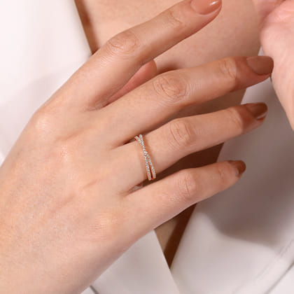 14K Rose Gold Criss Cross Diamond Stackable Ring