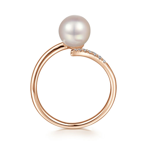 14K Rose Gold Cultured Pearl and Diamond Open Wrap Ring - 0.05 ct - Shot 2