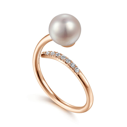 14K Rose Gold Cultured Pearl and Diamond Open Wrap Ring - 0.05 ct - Shot 3