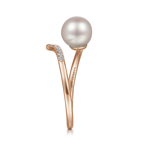 14K Rose Gold Cultured Pearl and Diamond Open Wrap Ring - 0.05 ct - Shot 4