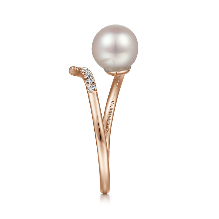14K Rose Gold Cultured Pearl and Diamond Open Wrap Ring