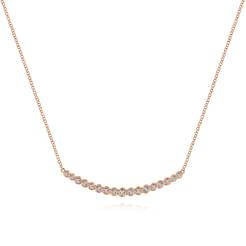 14K Rose Gold Curved Bar Necklace with Bezel Set Round Diamonds