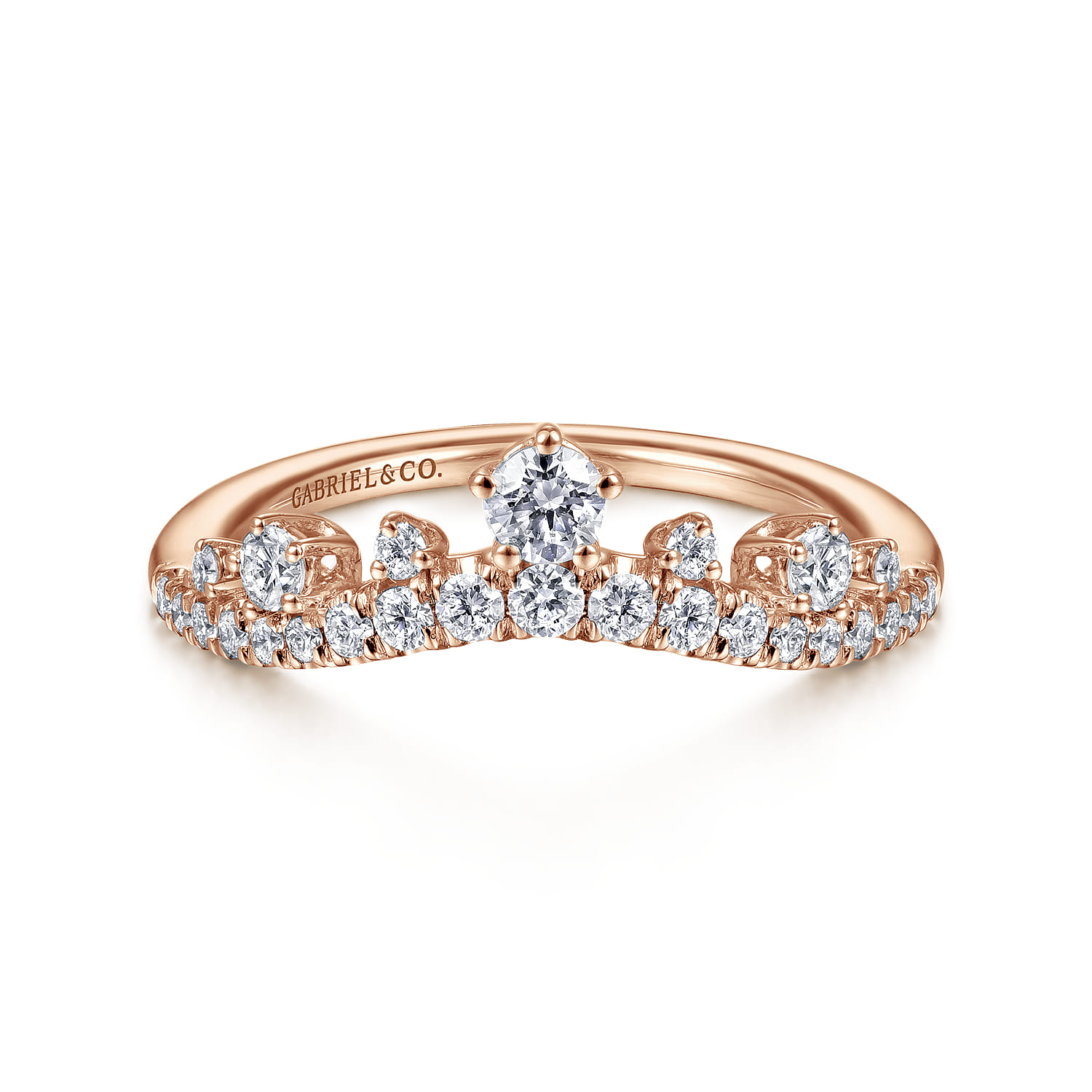 Curved Wedding Ring in 14k Rose Gold with Round Natural Diamond at Gabriel & Co. - Shot 1