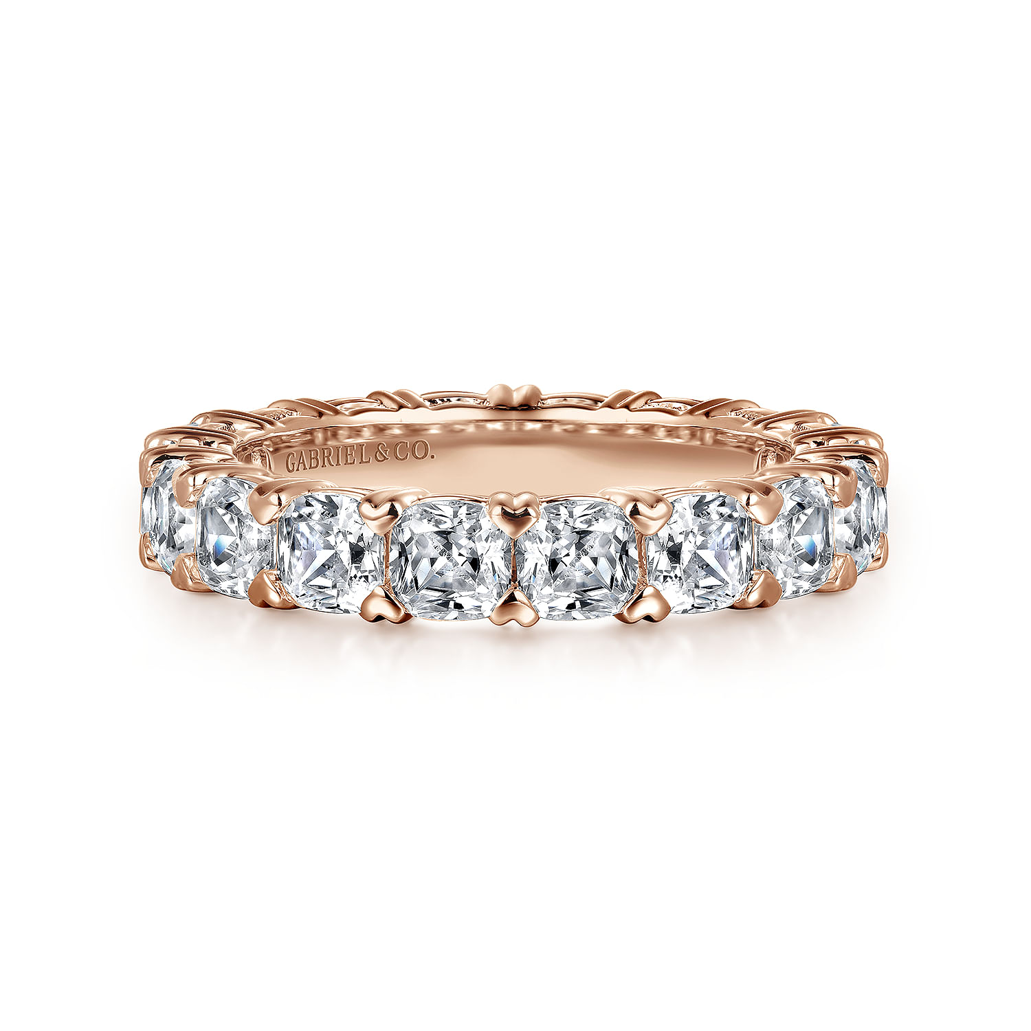14K Rose Gold Cushion Cut Diamond Eternity Band with Heart Prongs