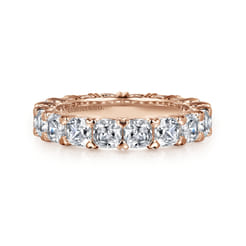 14K Rose Gold Cushion Cut Diamond Eternity Band with Heart Prongs