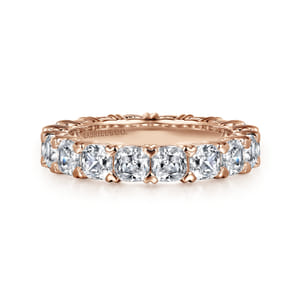 14K Rose Gold Cushion Cut Diamond Eternity Band with Heart Prongs