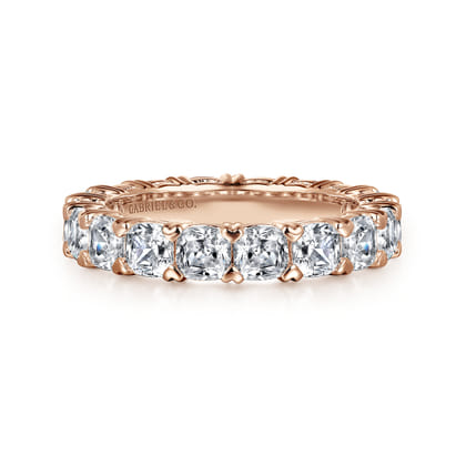 14K Rose Gold Cushion Cut Diamond Eternity Band with Heart Prongs