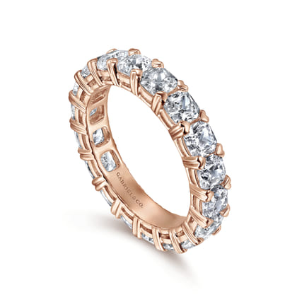 14K Rose Gold Cushion Cut Diamond Eternity Band with Heart Prongs