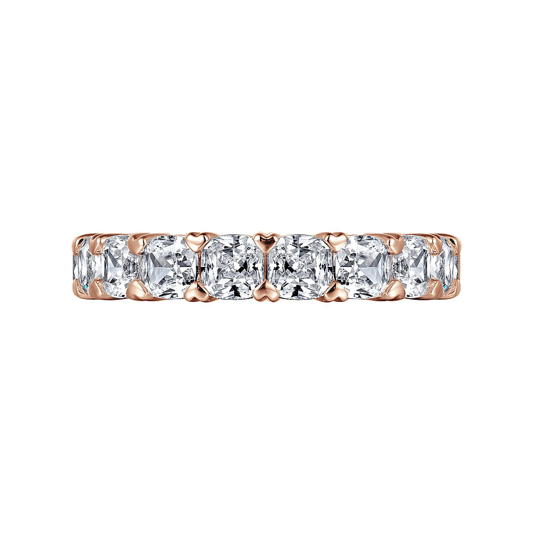 14K Rose Gold Cushion Cut Diamond Eternity Band with Heart Prongs
