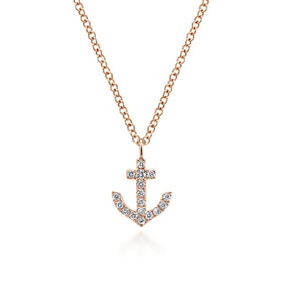 14K Rose Gold Diamond Anchor Pendant Necklace