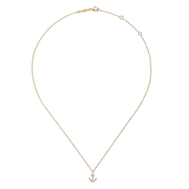 14K Rose Gold Diamond Anchor Pendant Necklace