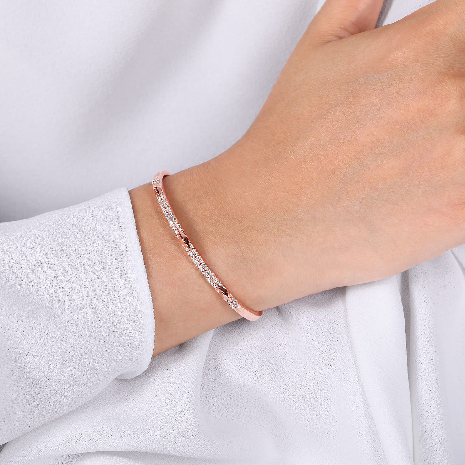 14K Rose Gold Diamond Bangle with Pyramid Rhombus Stations - 0.5 ct - Shot 4