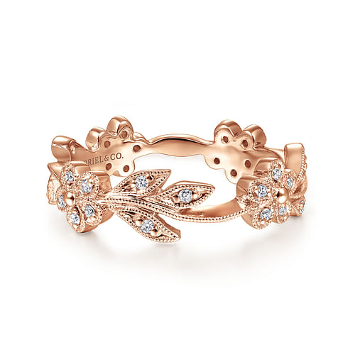 14K Rose Gold Diamond Floral Contoured Stackable Ring, Shop 14k Rose Gold Stackable  Rings