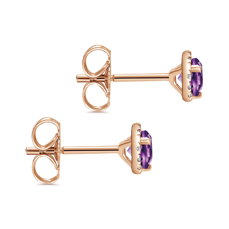 14K Rose Gold Diamond Halo Amethyst Stud Halo Stud Earrings