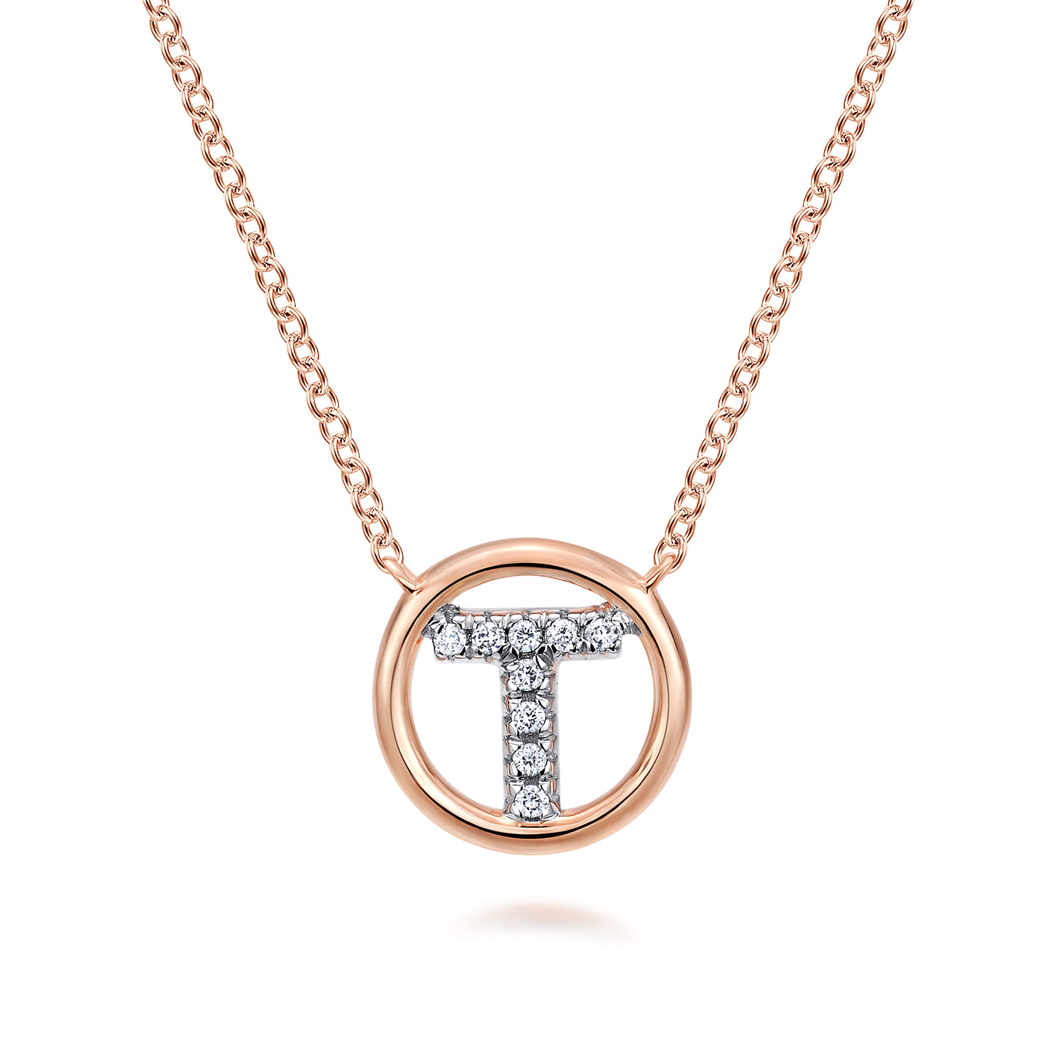 14K Rose Gold Diamond T Initial Pendant Necklace - 0.05 ct - Shot 1