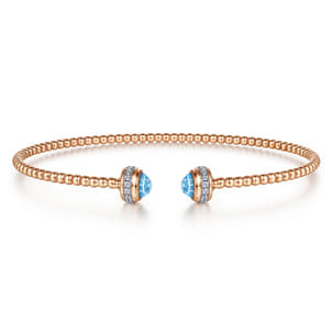 14K Rose Gold Diamond and Blue Topaz Bujukan Open Bangle